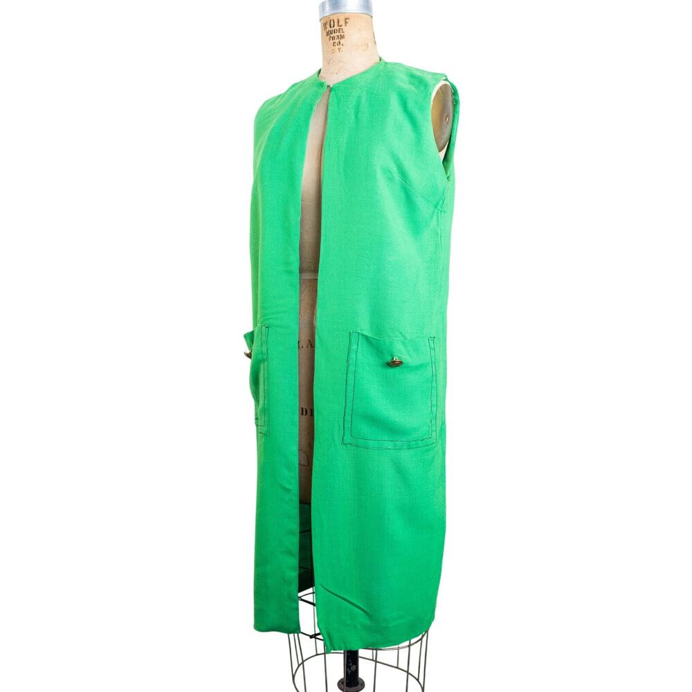 Vintage 60s Kelly Green Linen Blend Vest Duster w/ Pockets Mod Retro Bright, Med